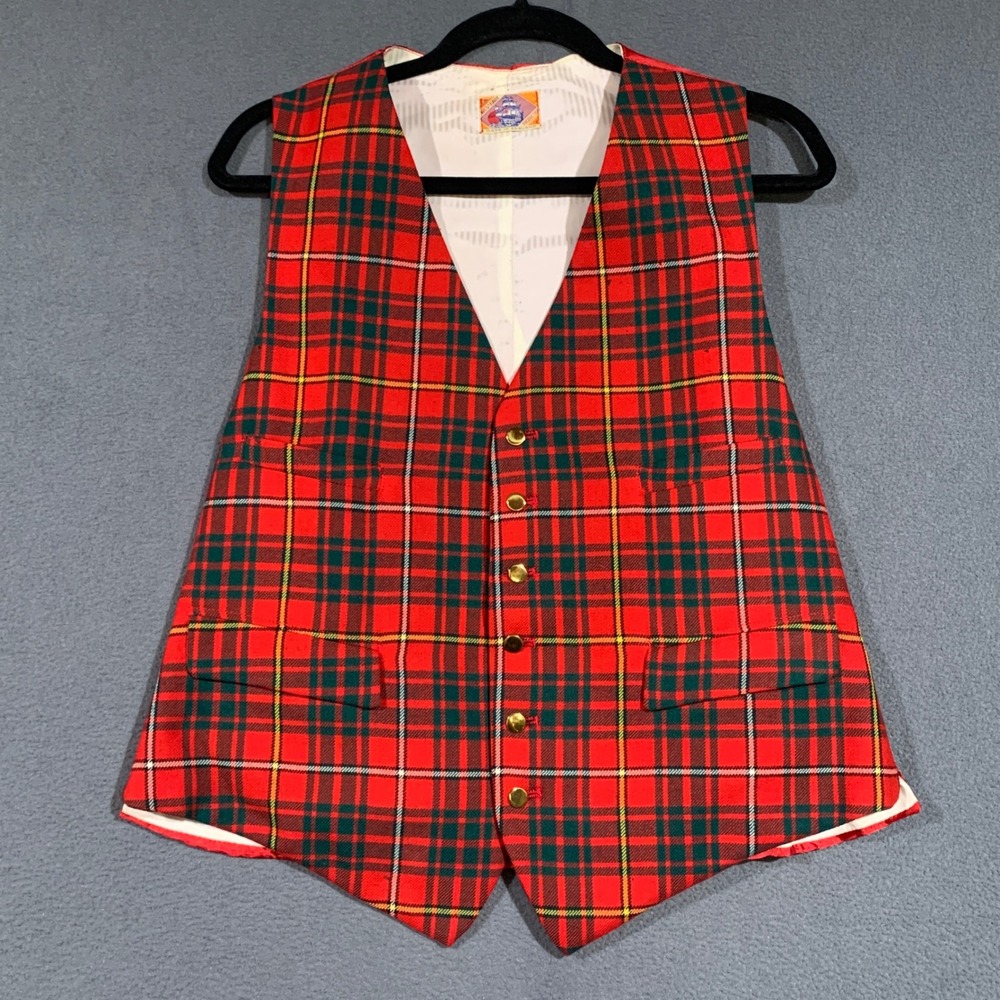 Vintage Westaway Made in England‎ Mens Red Tartan Plaid Wool Vest Waistcoat 38